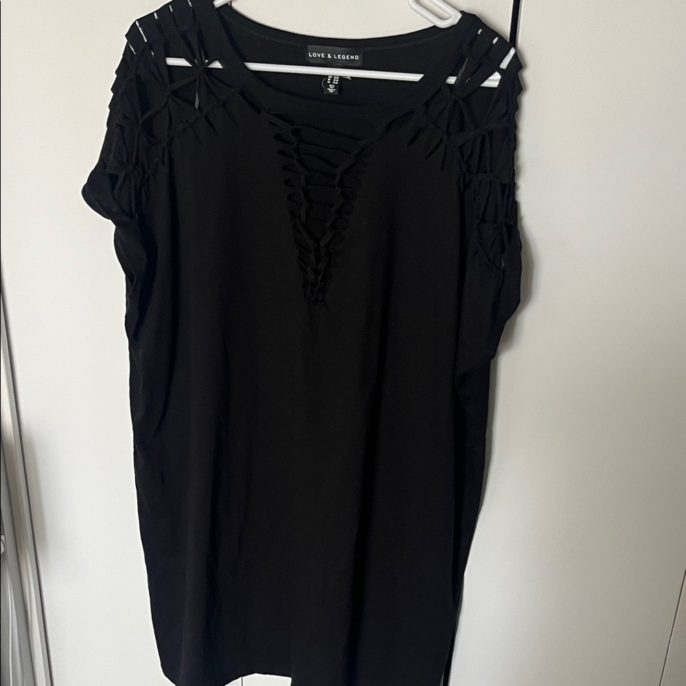 Love & Legend Black Lace-Up Cutout Shoulder Tunic